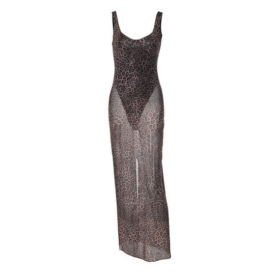 Damen Transparentes Maxikleid mit Leopardenmuster EB