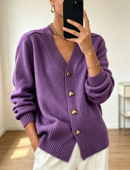 Damen Oversize V-Ausschnitt Strickcardigan mit herzförmigen Schmuckknöpfen EB