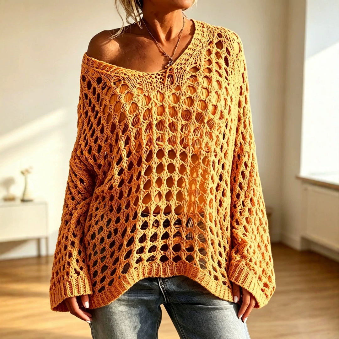 Damen Lockerer gehäkelter Oversize-Ajour-Pullover mit V-Ausschnitt EB
