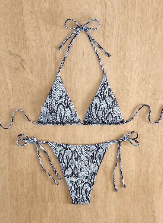 Damen Triangel-Bikini mit Schlangenprint und verstellbaren Trägern EB