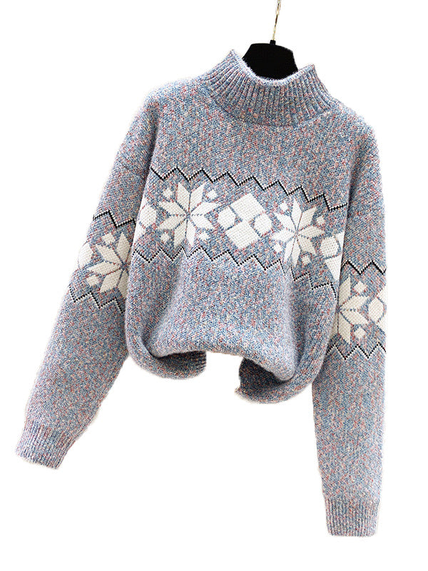 Damen kuscheliger Pullover mit hochgelegtem Kragen und winterlichem Motiv EB
