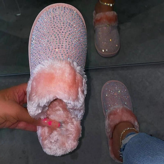 Damen Glamouröse Hausschuhe mit Glitzer und weichem Fell EB