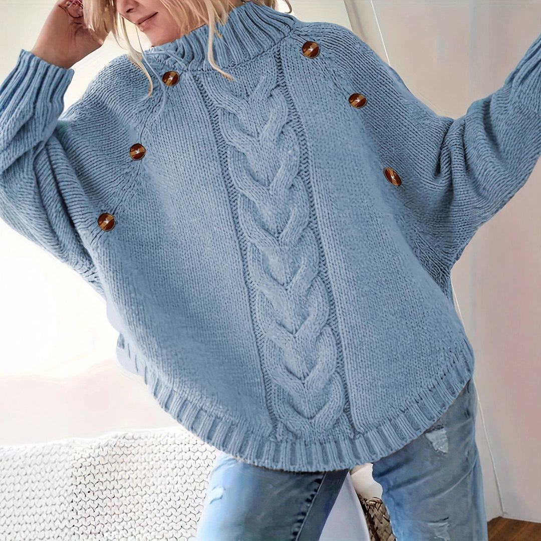 Damen Grobstrickpullover mit hochgeschlossenem Kragen und dekorativen Knöpfen EB
