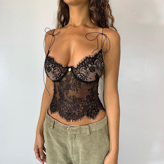 Damen Spitzen-Cami-Top mit verstellbaren Trägern und romantischen Details EB