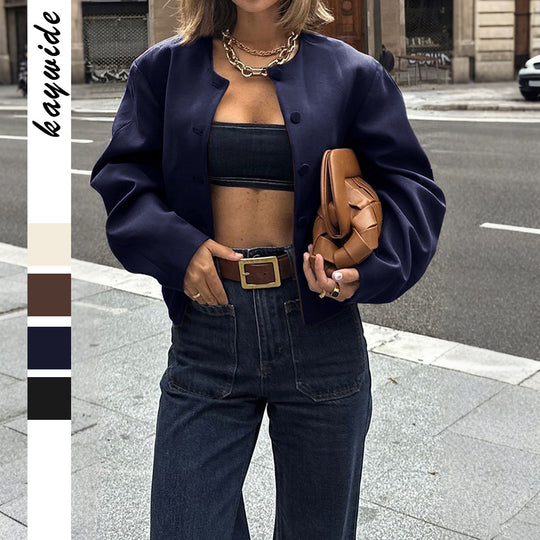 Damen nan oversized Wolljacke mit Druckknopfleiste, kastiger Silhouette und aufgesetzten Taschen EB