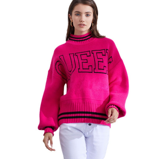 Damen sportlicher Pullover mit hohem Kragen und modischem Schriftzug EB
