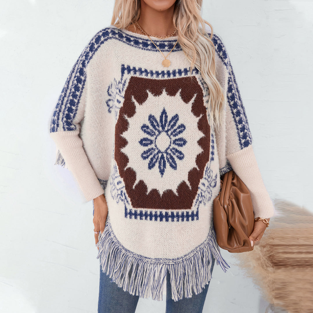 Damen eleganter Strickponcho mit kunstvollem Muster und fransigem Abschluss EB