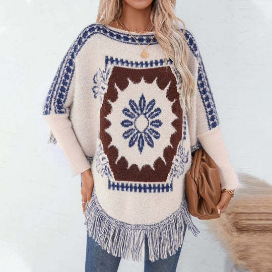 Damen eleganter Strickponcho mit kunstvollem Muster und fransigem Abschluss EB