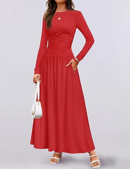 Damen Langärmliges Maxikleid mit eleganten Rüschendetails und praktischen Taschen EB