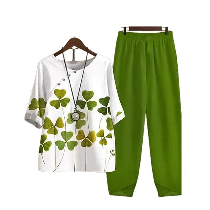 Damen nan zweiteiliges Freizeitset mit Kleeblatt-Print-Tunika und elastischer Komfortbund-Hose EB