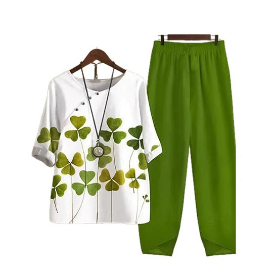 Damen nan zweiteiliges Freizeitset mit Kleeblatt-Print-Tunika und elastischer Komfortbund-Hose EB