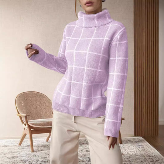 Damen Grobstrickpullover mit modernem Karomuster und hohem Kragen EB