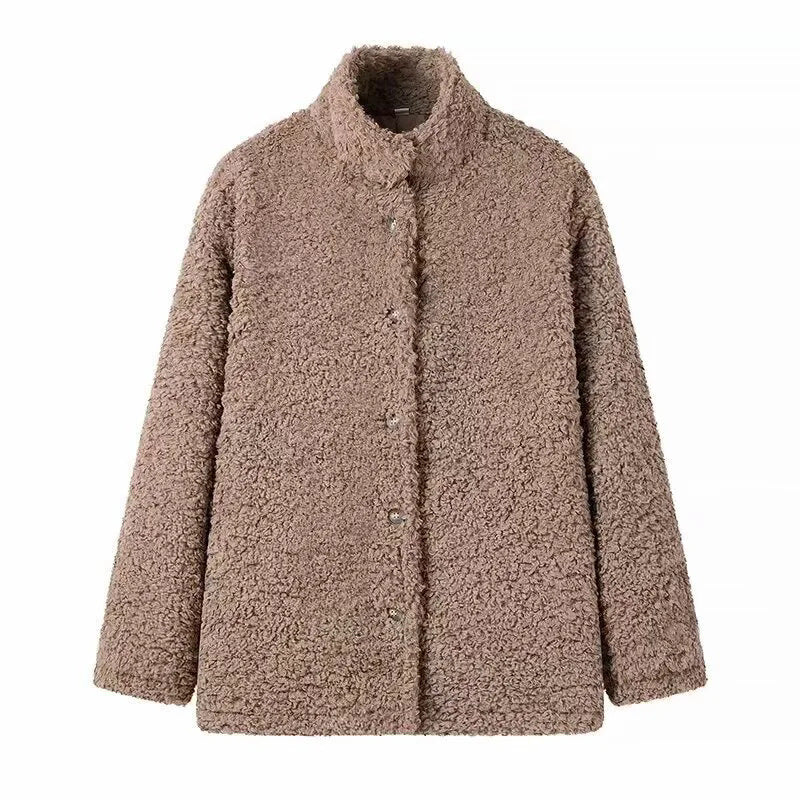 Damen kuschelige Fleecejacke mit hohen Kragen und Druckknopfverschluss EB