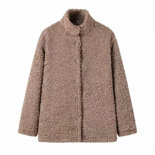 Damen kuschelige Fleecejacke mit hohen Kragen und Druckknopfverschluss EB