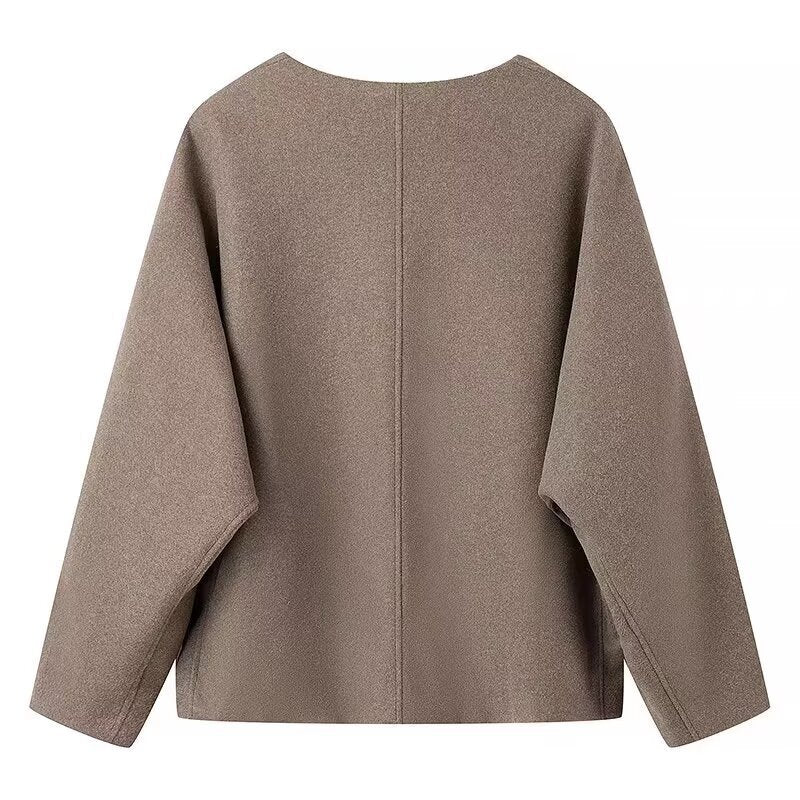 Damen modische Wolljacke mit elegantem Kragen und praktischen Taschen EB
