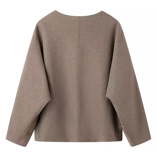 Damen modische Wolljacke mit elegantem Kragen und praktischen Taschen EB