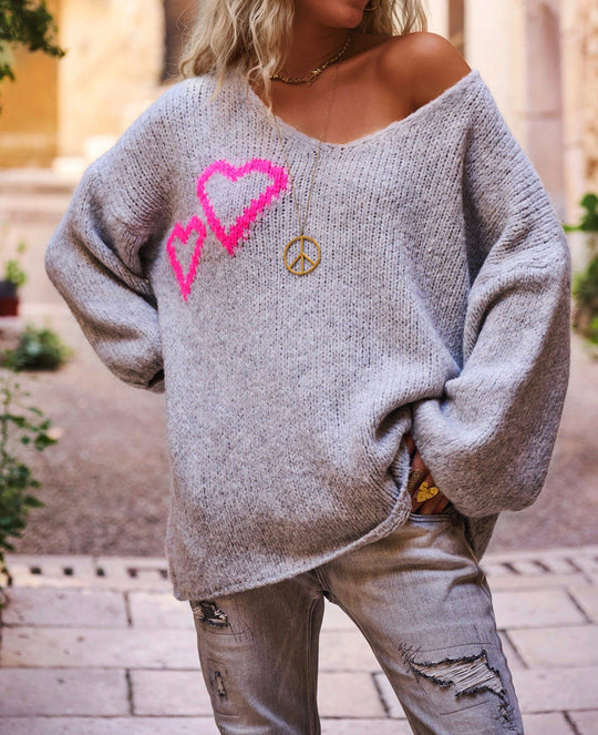 Damen Strickpullover mit liebenswertem Herzdesign und lässigem Schnitt EB