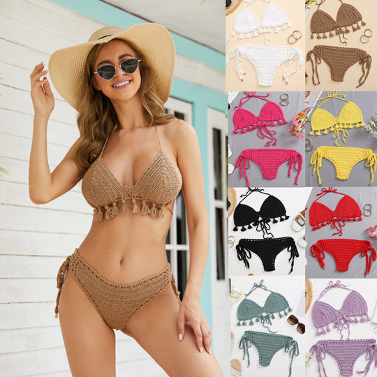 Damen Häkel-Bikini-Set mit fransigen Akzenten und verstellbaren Trägern EB