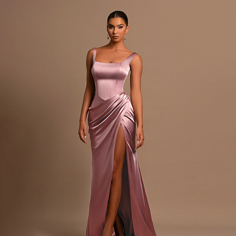 Damen elegantes Maxikleid mit anliegendem Oberteil und hohem Schlitz EB
