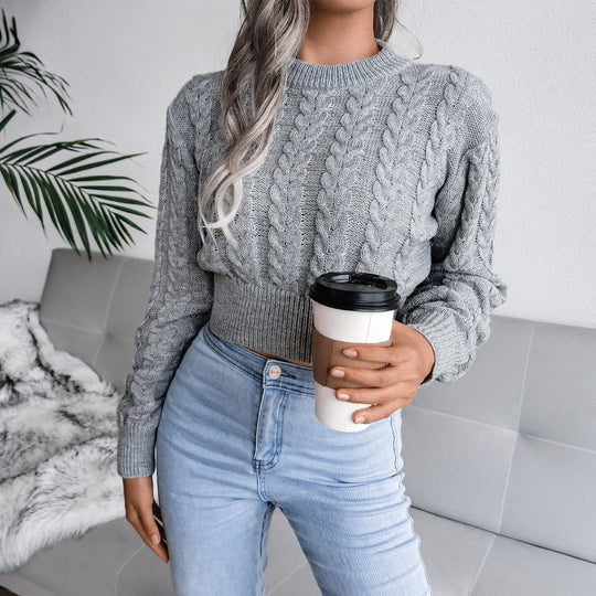 Damen Strickpullover mit modernem Zopfmuster und elastischem Bund EB