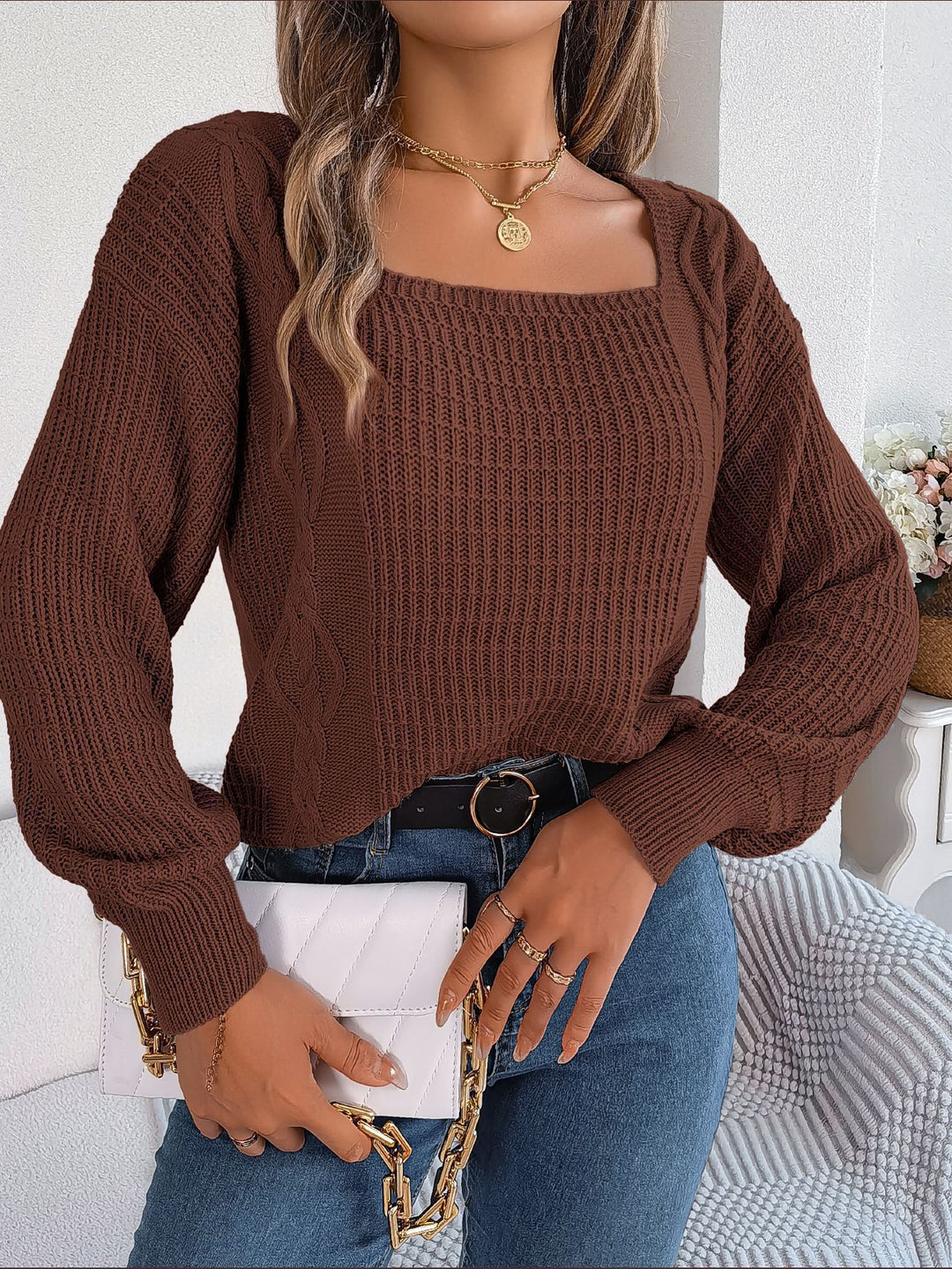 Damen Grobstrickpullover mit quadratischem Ausschnitt und voluminösen Ärmeln EB
