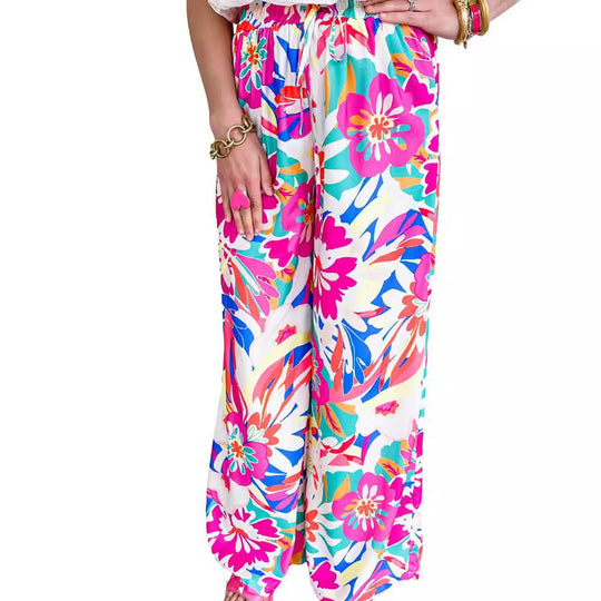Damen weite Palazzo-Hose mit buntem Blumenmuster und elastischem Bund EB