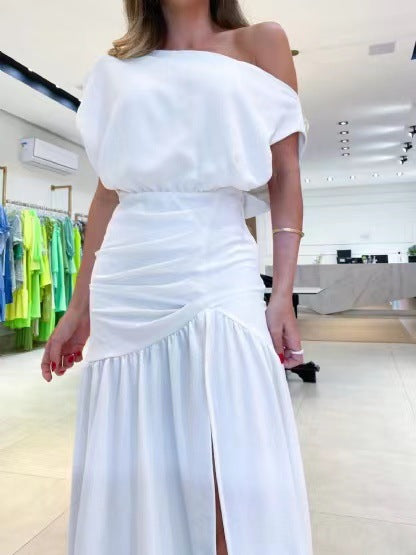 Damen Langärmeliges Kleid mit seitlichem Schlitz und off-shoulder Design EB