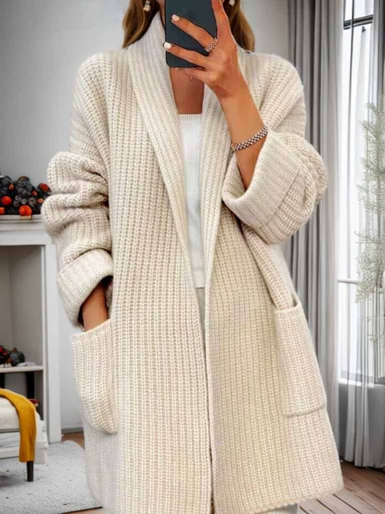 Damen nan langer übergroßer Strickmantel mit Schalkragen und aufgesetzten Taschen EB