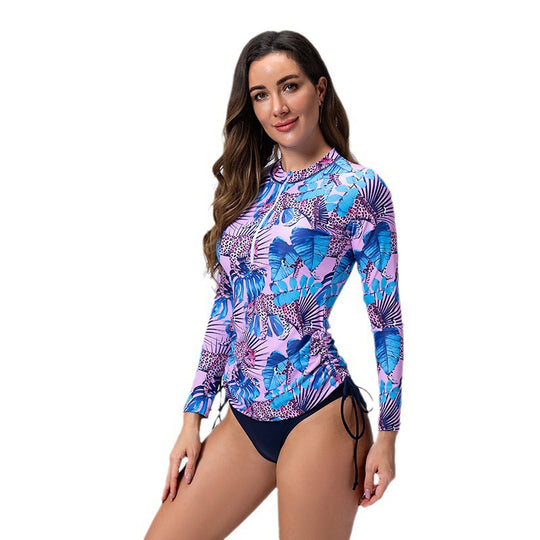 Damen Langarm Rashguard mit stylischem Flora-Muster und seitlichen Kordelzügen EB