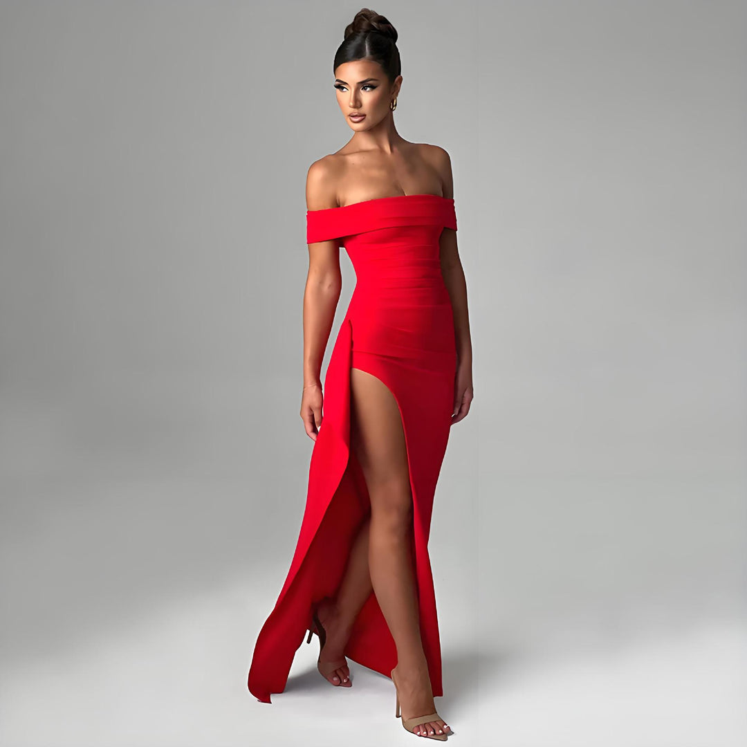 Damen Off-Shoulder Maxikleid mit elegantem Schlitz und figurformendem Schnitt EB
