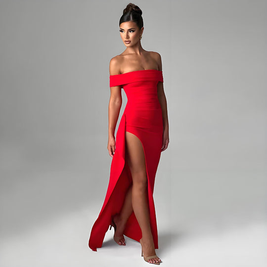 Damen Off-Shoulder Maxikleid mit elegantem Schlitz und figurformendem Schnitt EB