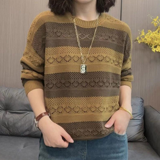 Damen Strickpullover mit modischem Lochmuster und lässigem Schnitt EB