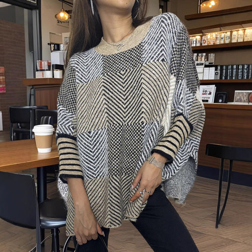 Damen asymmetrischer Strickpullover mit Zickzackmuster EB