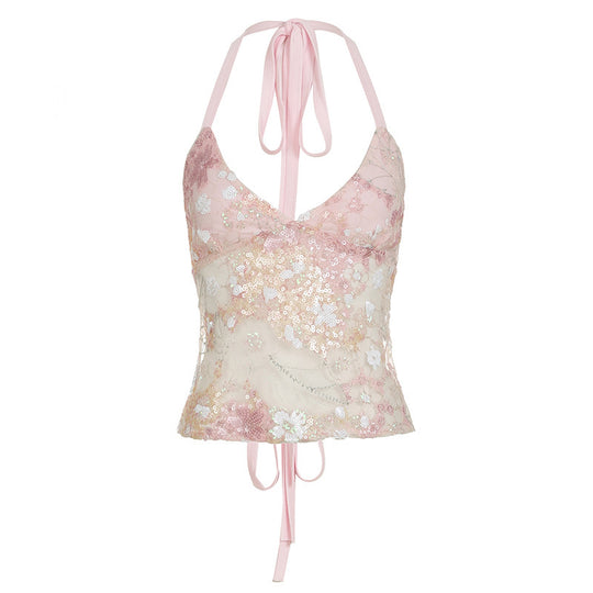 Damen Spitzen-Bandeau-Oberteil mit Blumenapplikationen und verstellbaren Trägern EB