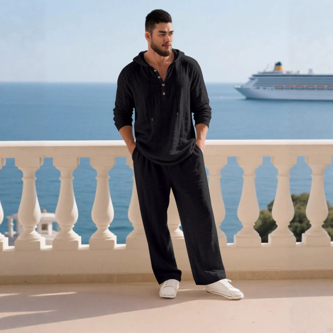 Herren nan lässiges Leinenzweiteiler-Set mit Kapuzenhemd im Henley-Stil und weiten Freizeit-Hosen EB