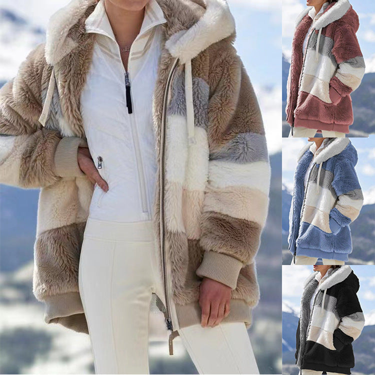 Damen nan oversized Kapuzenjacke aus Kunstfell mit Colourblock-Design, Zweiwege-Reißverschluss und Rippbündchen EB