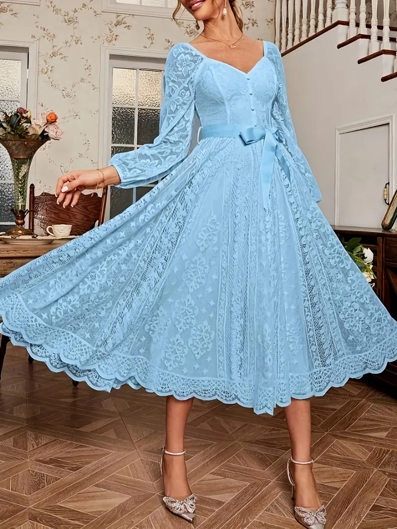 Damen Elegantes Spitze Midi-Kleid mit puffärmel und Taillenbindung EB