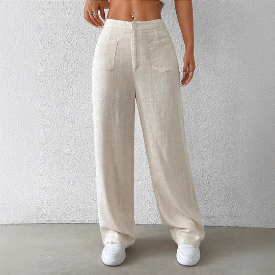 Damen Weit geschnittene Leinenhose mit elastischem Bund und praktischen Taschen EB