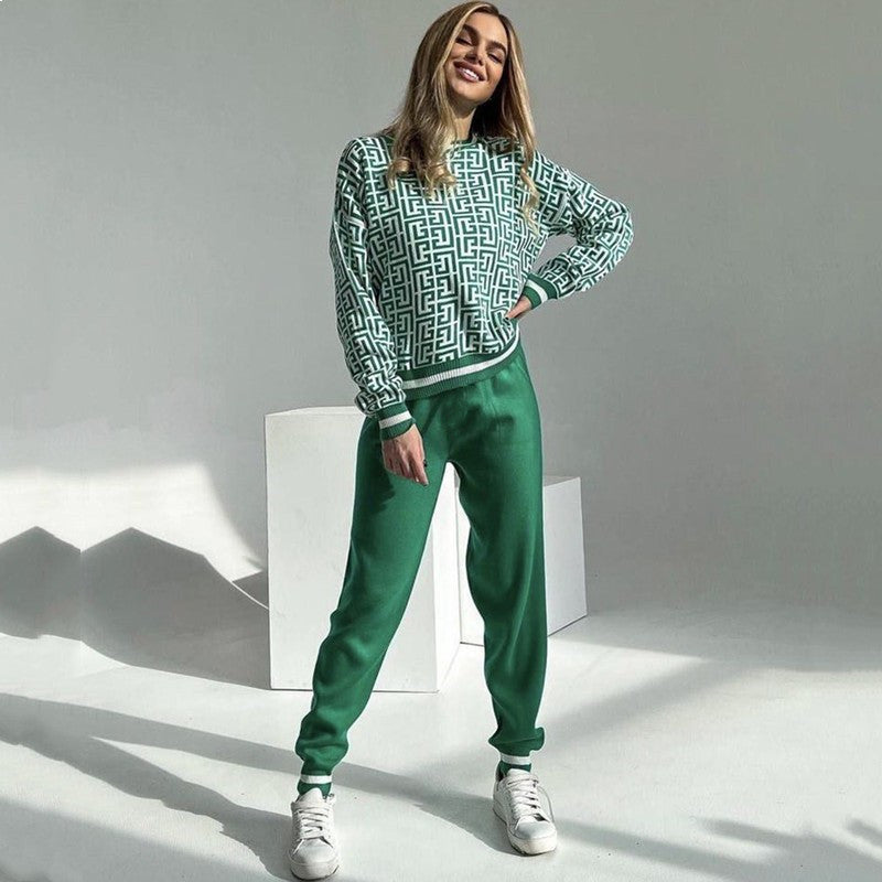 Damen modisches Strick-Loungewear-Set mit grafischem Muster EB