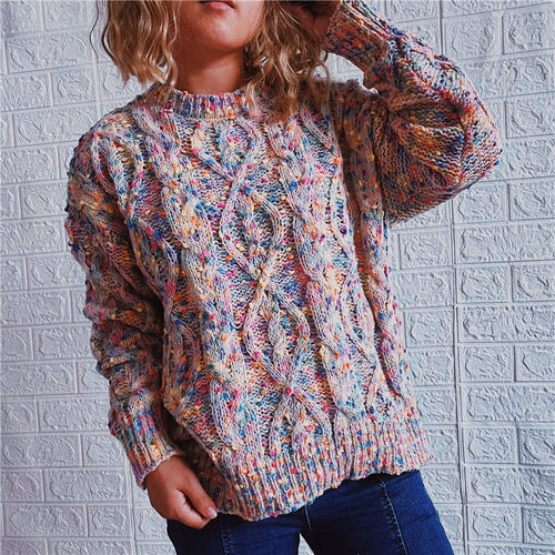 Damen grob gestrickter Pullover mit bunten Akzenten und lässigem Schnitt EB