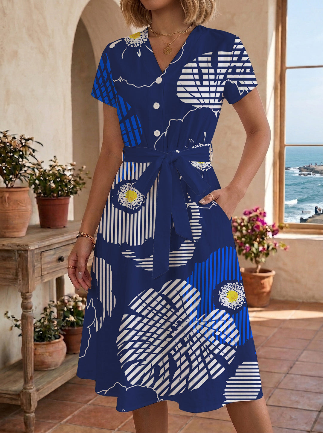 Damen Midi-Kleid mit floralem Design und bequemer Passform EB
