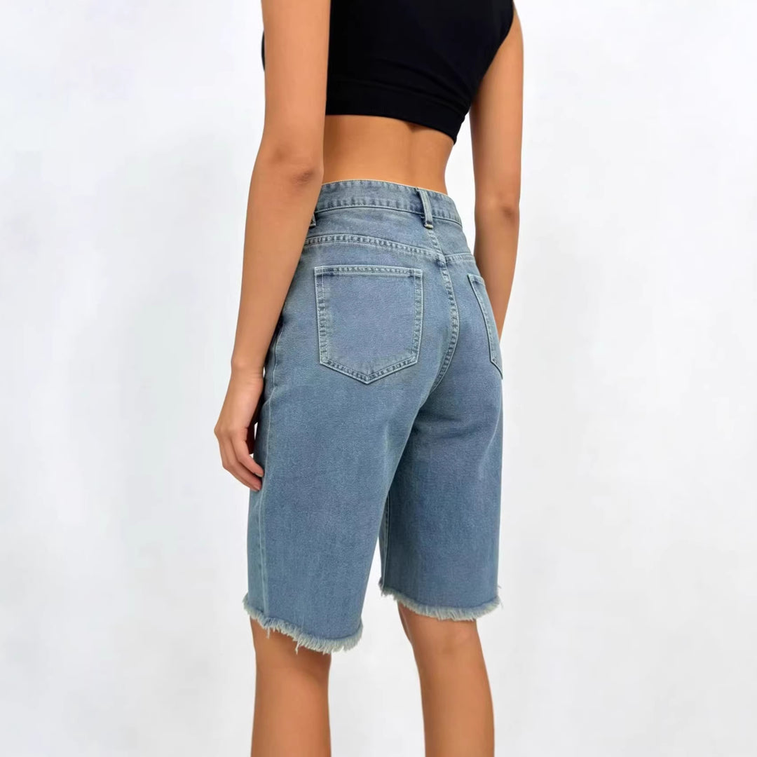 Damen lässige Denim-Shorts mit ausgefransten Säumen und hoher Taille EB