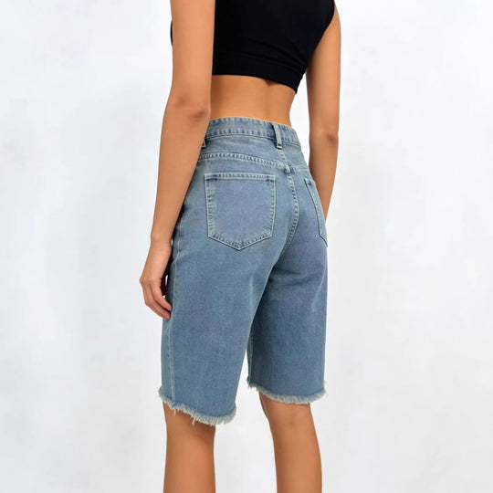 Damen lässige Denim-Shorts mit ausgefransten Säumen und hoher Taille EB