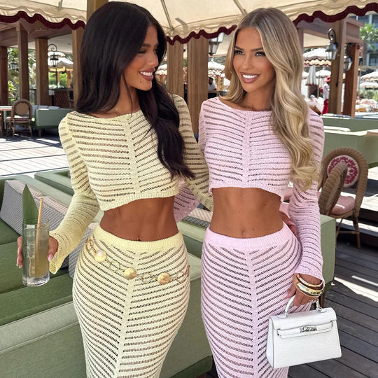 Damen elegantes gehäkeltes Set mit langärmligem Crop-Top und figurbetonendem Rock EB