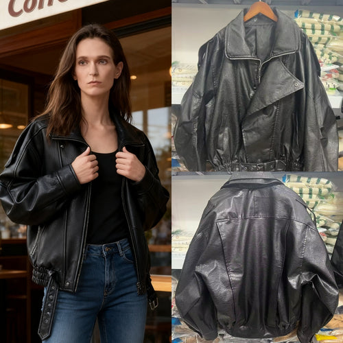 Damen modische Kunstlederjacke mit asymmetrischem Schnitt und dekorativem Gürtel EB