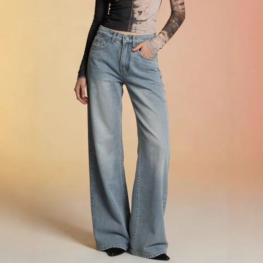 Damen weite Denim-Hose mit Vintage-Waschung und hoch geschnittenem Bund EB