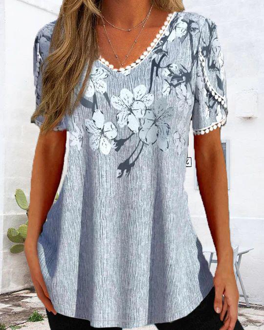 Damen nan legeres V-Ausschnitt-Tunikashirt mit floralem Muster und Pomponbesatz EB