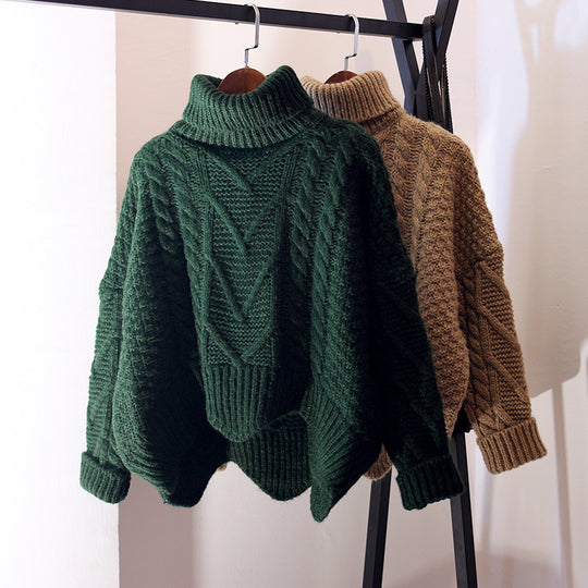Damen Großer Pullover mit Hohem Kragen und Strickmuster EB