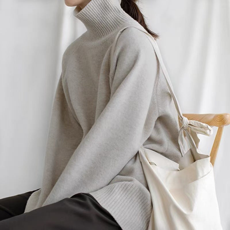 Damen Oversize Feinstrickpullover mit hohem Rollkragen und Seitenschlitzen EB
