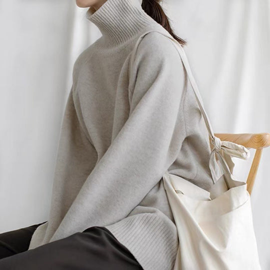 Damen Oversize Feinstrickpullover mit hohem Rollkragen und Seitenschlitzen EB